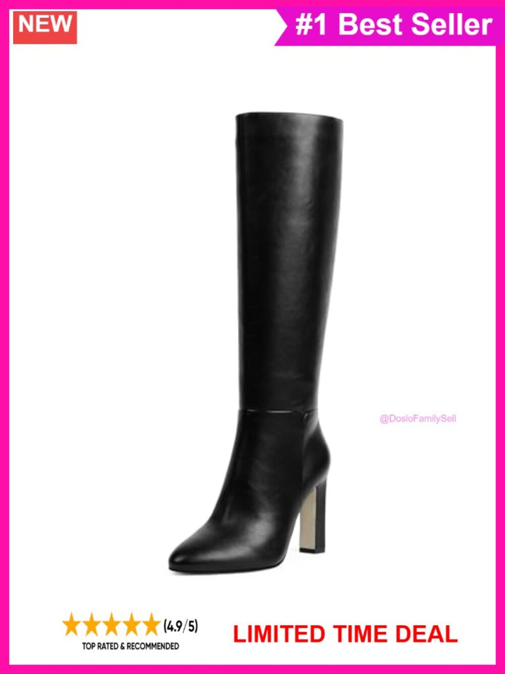 Knee High Boots Almond Toe Chunky Block High Heel Faux Leather